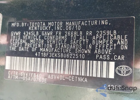 2011 Toyota Camry Le from USA, damaged, VIN 4T1BF3EK5BU622510